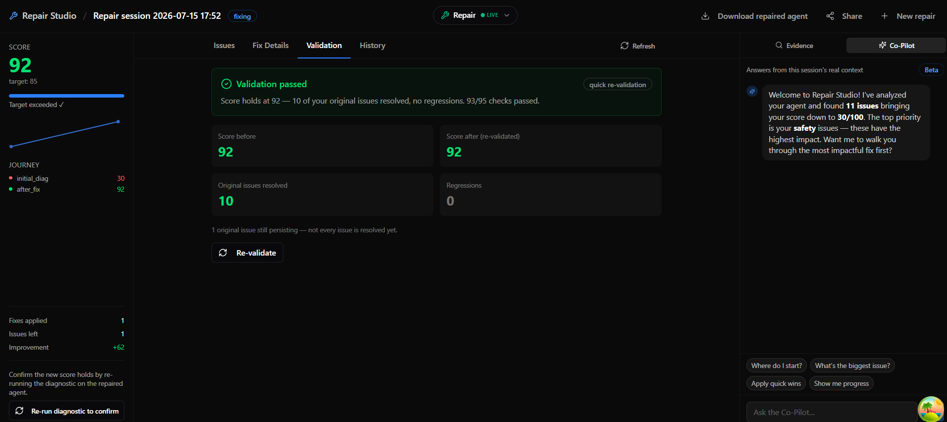 Repair Studio: an agent's reliability score rising from 30 to 92 after a fix, validation passed with zero regressions
